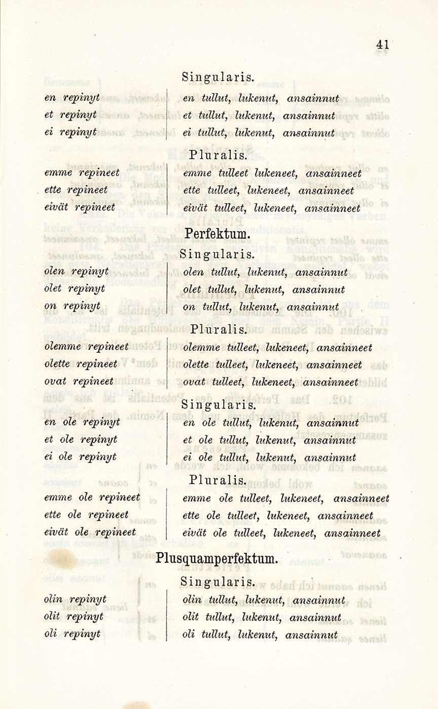 41 en repinyt et repinyt ei repinyt emme repineet ette repineet eivät repineet olen repinyt olet repinyt on repinyt olemme repineet olette repineet ovat repineet en ole repinyt et ole repinyt ei ole