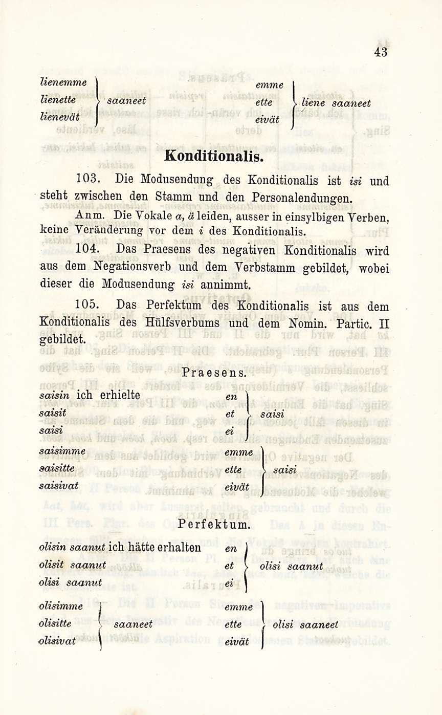 43 lienemme emme J lienette \ saaneet ette \ liene saaneet lienevät eivät Konditionalis. 103. Die Modusendung des Konditionalis ist isi und steht zwischen den Stamm und den Personalendungen. Anm.