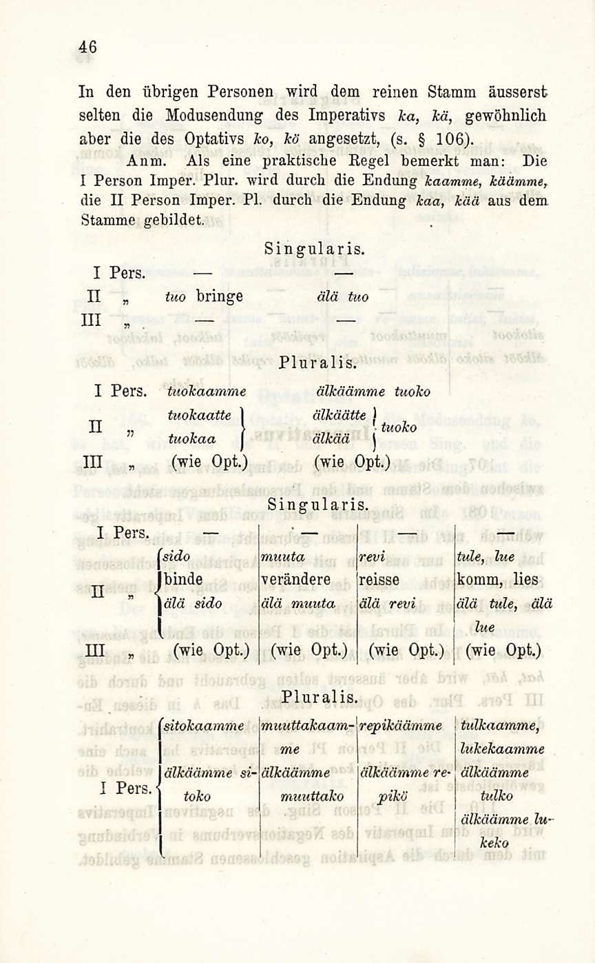 (wie 46 In den iibrigen Personen wird dem reinen Stamm äusserst selten die Modusendung des Imperativs ka, kä, gewöhnlich aber die des Optativs ko, kö angesetzt, (s. 106). Anm.