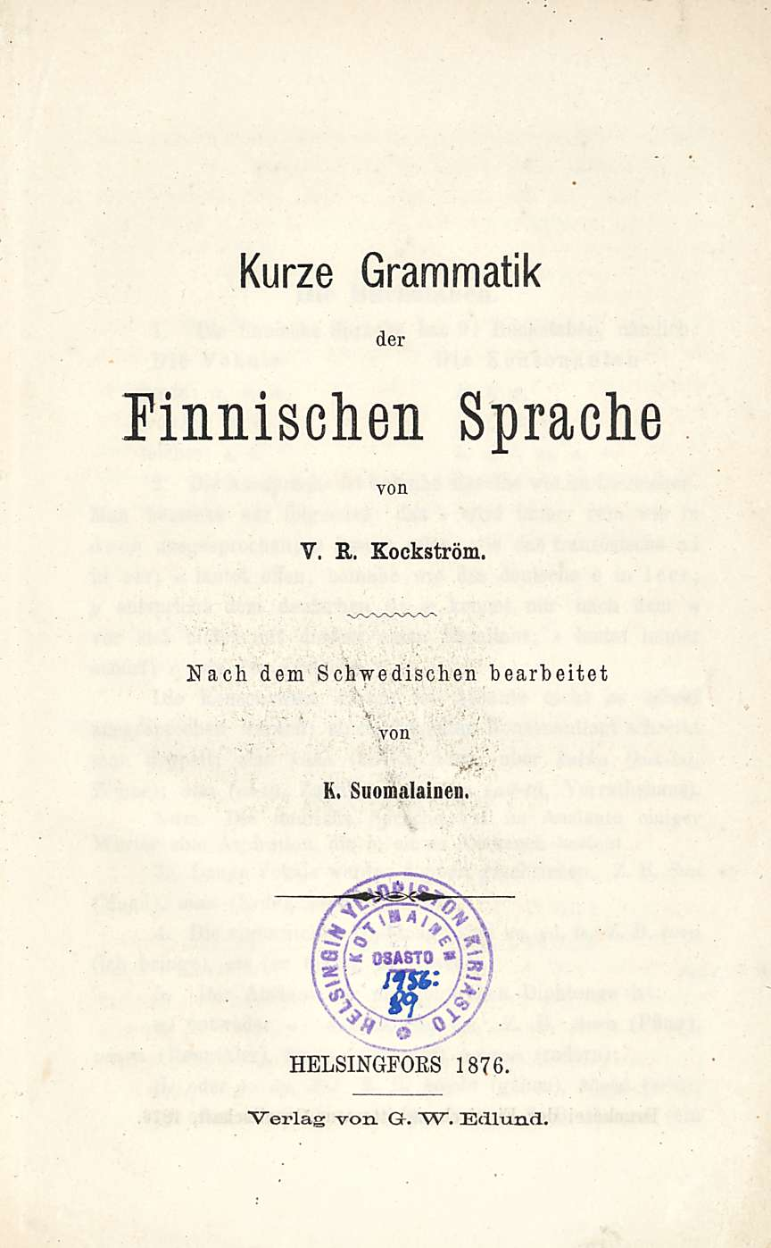 Kurze Grammatik der Finnischen Sprache von V. R. Kockström.