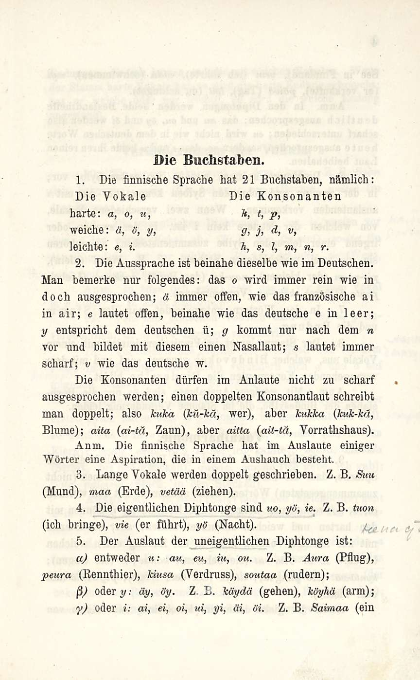 Die Bnchstaben. 1. Dis finniselle Sprache hat 21 Buchstaben, nämlich: Die Vokale Die Konsonanten harte: a, o, u, Tt, t, p, weiche: ä, e, y, g, j, d, v, leichte: e, i. h, s, l, m, n, r. 2. Die Aussprache ist beinahe dieselbe wie im Deutschen.