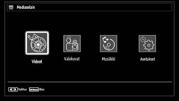 Median toisto Mediaselaimella Jos USB-muistia ei tunnisteta kun virta on kytketty pois/päälle tai Alkuasetuksen jälkeen, irrota USBmuisti ja kytke TV pois/päälle.