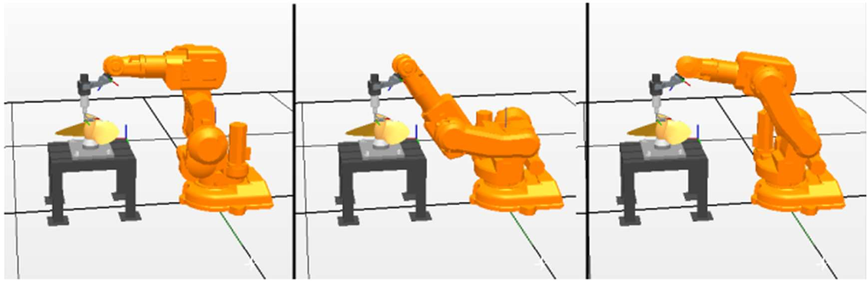 22 Kuvio 9 Mahdollisia eri asentoja samalle paikkapisteelle. (ABB Robotics 2011, 32.) 2.14.3 Liikenopeus Määritetty liikenopeus vaikuttaa nopeuteen, jolla robotti liikuttaa työkalua.