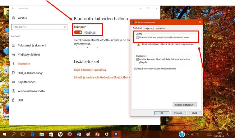 2. Ota Bluetooth käyttöön auenneen näkymän yläosasta ja varmista Lisää Bluetooth asetuksiakohdasta, että Bluetooth laitteet voivat löytää tämän tietokoneen ja paina OK