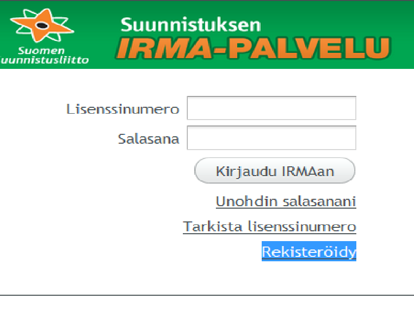 Uusi suunnistaja klikkaa Rekisteröidy linkkiä ja