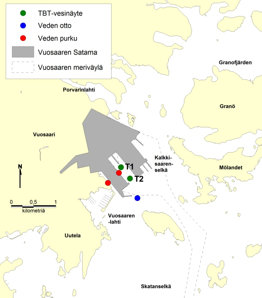 4.1.2 Veden OT-pitoisuus Veden OT-pitoisuuksia on seurattu kahdelta pisteeltä (T1 ja T2) touko- ja elokuussa (kuva 9).