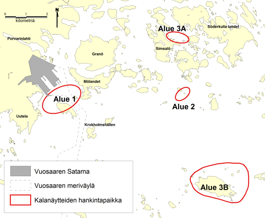 Kuva 31. Kalojen pyyntialueet haitta-ainepitoisuuksien tarkkailussa. Kalojen OT-yhdisteiden pitoisuudet määritettiin viidestä ahvenesta ja viidestä kuhasta tehdystä lajikohtaisesta kokoomanäytteestä.