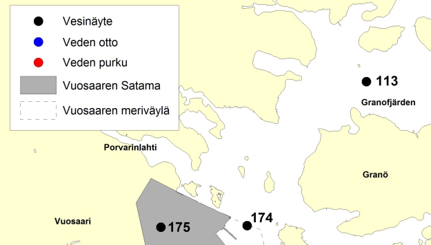 Kuva 3. Veden laadun tarkkailu vesinäytteenottopisteet.