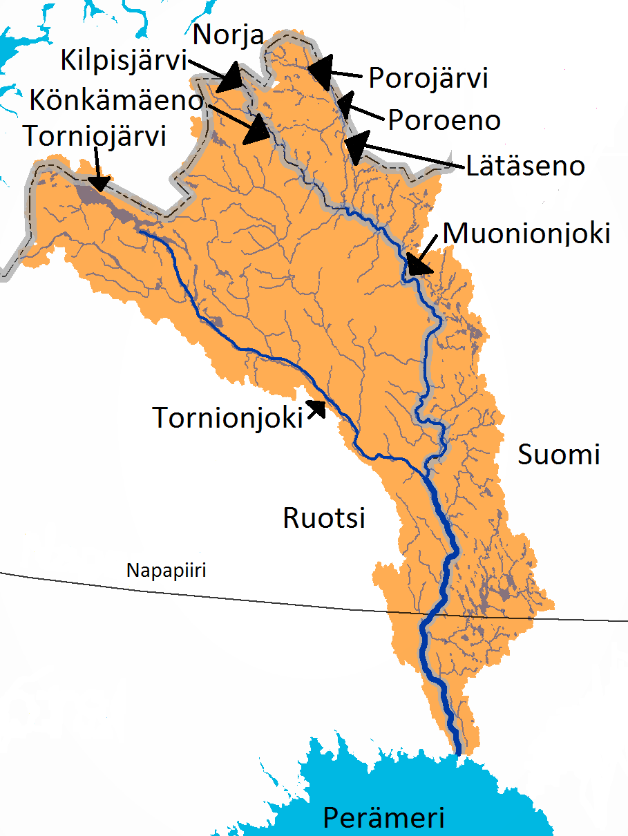 9 Kuva 1. Tornionjoen valuma-alue oranssina ja Suomen ja Ruotsin puolen reittivedet (www.luke.fi) 2.