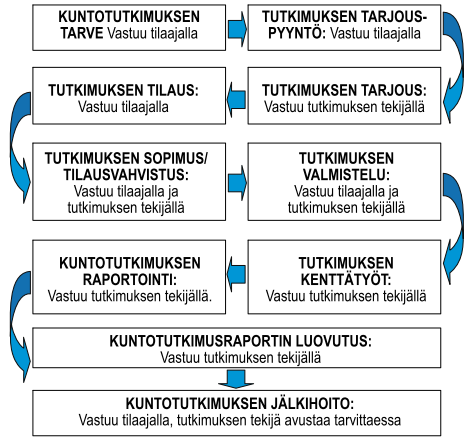 35 Kuva 9. Kuntotutkimuksen kulku ja tutkimuksen vastuualueet (39, s. 12).