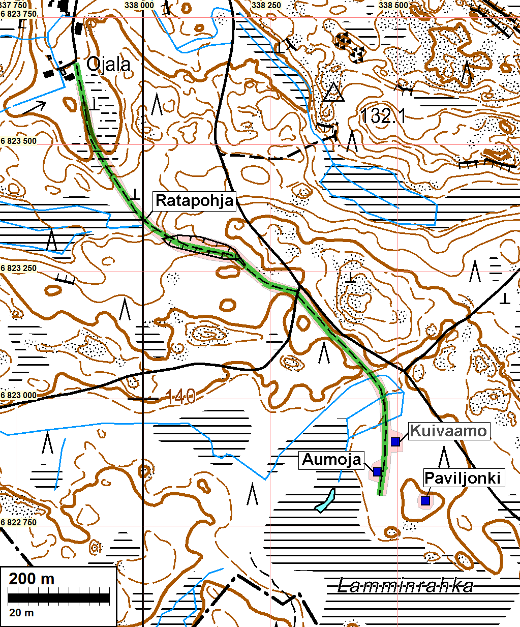 Turverata Ojalankyläntien eteläpuolella vihreällä, sekä