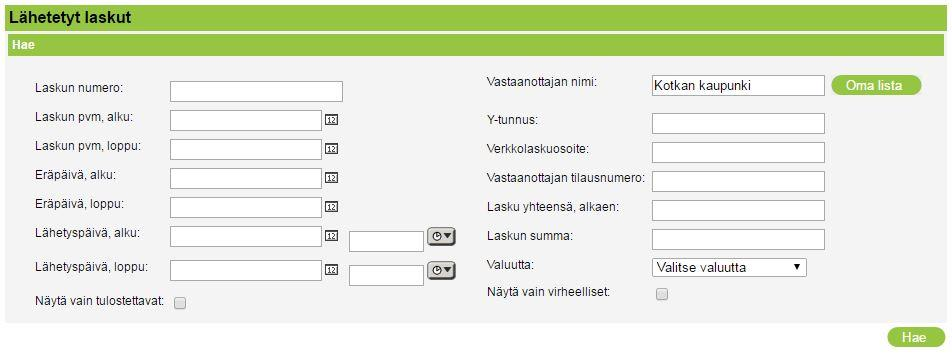 2 Lähetetyt laskut Lähetettyjä laskuja voi hakea haluamallaan hakutekijällä