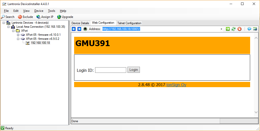 Käyttö- ja asennusohje 2/7 3. Napsauta laitteen IP-osoitetta ja valitse sitten sovelluksen oikeanpuoleisesta ikkunasta Web Configuration -välilehti.