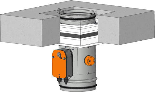 Asennus kiviaineiseen välipohjaan, paksuus vähintään 00 mm. Pellin ja rakenteen väli täytetään Weichschottjärjestelmällä. EIS 0 Position:. Palopelti Fire damper FDMD FDMD. Palonkestävä levy.