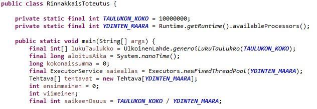 Kuvio 15. Muuttujien initialisointi Prosessoriydinten määrä selvitetään Runtimen availableprocessors-metodilla. Selvitettyä ydinten määrää käytetään säiealtaan ja tehtävätaulukon luonnissa.