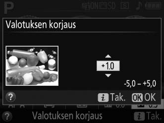 Valitse valotuksen korjausarvo pitämällä E (N) -painiketta painettuna ja kiertämällä komentokiekkoa, kunnes haluamasi arvo on valittu etsimessä tai tietonäytöllä.