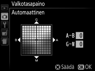 2 Hienosäädä valkotasapainoa. Käytä valkotasapainon hienosäätöön monivalitsinta.