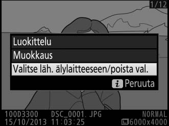 Ladattavien kuvien valitseminen Noudata alla olevia ohjeita valitaksesi enintään 100 valokuvaa ladattavaksi älylaitteeseen, kun lisävarusteena saatava langaton mobiiliyhteyssovitin on yhdistetty (0