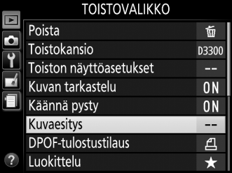 Kuvaesitys Toistovalikon Kuvaesitys-vaihtoehdon avulla nykyisen toistokansion (0 220) kuvat voi näyttää kuvaesityksenä.