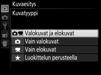 Kuvaesityksen asetukset Ennen kuin käynnistät kuvaesityksen, voit käyttää kuvaesitysvalikon asetuksia valitaksesi näytettävät kuvat tyypin tai luokittelun mukaan ja valitaksesi, kuinka kauan yhtä