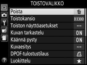 Kameran valikot D Toistovalikko: kuvien hallinta Näytä toistovalikko painamalla G ja valitsemalla D (toistovalikko) -välilehti.