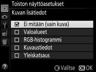 Toistokansio G-painike D toistovalikko Valitse toistossa käytettävä kansio: Vaihtoehto Kuvaus Toiston aikana näytetään vain valokuvat, jotka ovat asetusvalikon kohtaan Tallennuskansio (0 257)