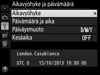 Aikavyöhyke ja päivämäärä Vaihda aikavyöhykettä, aseta kameran kello, valitse päivämäärän