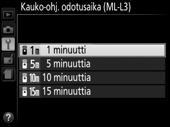 Kauko-ohj. odotusaika (ML-L3) Valitse, kauanko kamera odottaa signaalia lisävarusteena saatavalta ML-L3-kaukoohjaimelta ennen kuin kauko-ohjaustila perutaan.