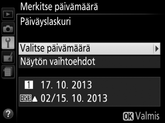 Päiväyslaskuri Kuviin, jotka otetaan tämän asetuksen ollessa päällä, merkitään joko tulevaan päivämäärään jäljellä olevien päivien määrä tai menneestä