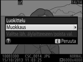 7 Tallenna muokattu kopio. Kopioi valokuva painamalla J. Vertailu vierekkäin G-painike N muokkausvalikko Vertaa muokattuja kopioita alkuperäisiin valokuviin.