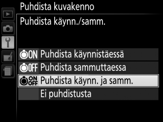 D Kuvakennon puhdistaminen Kameran painikkeiden käyttäminen käynnistyksen aikana keskeyttää kuvakennon puhdistuksen. Puhdistus tehdään tärisyttämällä kuvakennoa.