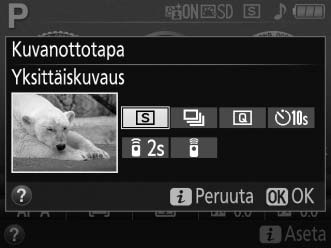 Lisää valokuvauksesta Kuvanottotavan valitseminen Valitaksesi sulkimen laukaisutavan (kuvanottotavan) paina I (E/#) -painiketta, korosta haluamasi vaihtoehto ja paina J.