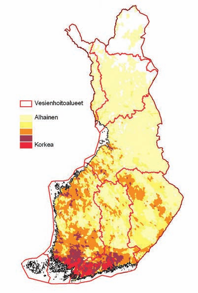 Fosfori Typpi Kuva 8. Vesistöalueittainen fosfori- ja typpikuormitus. Kuvassa on esitetty kuormituksen suhteellinen suuruus kolmannen jakovaiheen vesistöalueiden maa-pinta-alaa kohti laskettuna.