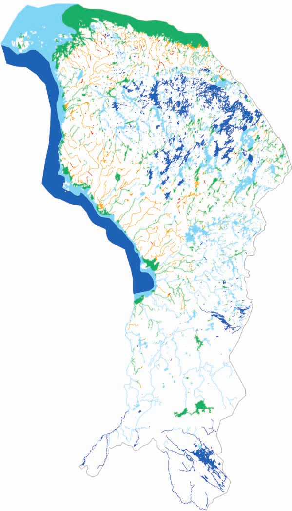 Pintavesien laatu 2000-2003 Yleinen käyttökelpoisuusluokitus Erinomainen Hyvä Tyydyttävä Välttävä Huono Järvet 15,1 % 4,4 % 0,3 % 38,2 % 42,0 % Joet 2,1 % 7,6 % 31,0 % 35,1 % 24,2 % Rannikkovedet 1,0