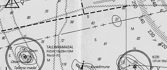 RL 09.12.2005 Teht. 3 Merkintäpaikasta 59 o 44,0 P ; 025 o 02,0 I ohjailet venettäsi TS=290 o nopeudella 8 solmua. Klo 12.40 suunnit Tallinnamadal merimajakan keulakulmassa 45 o vasemmalle.