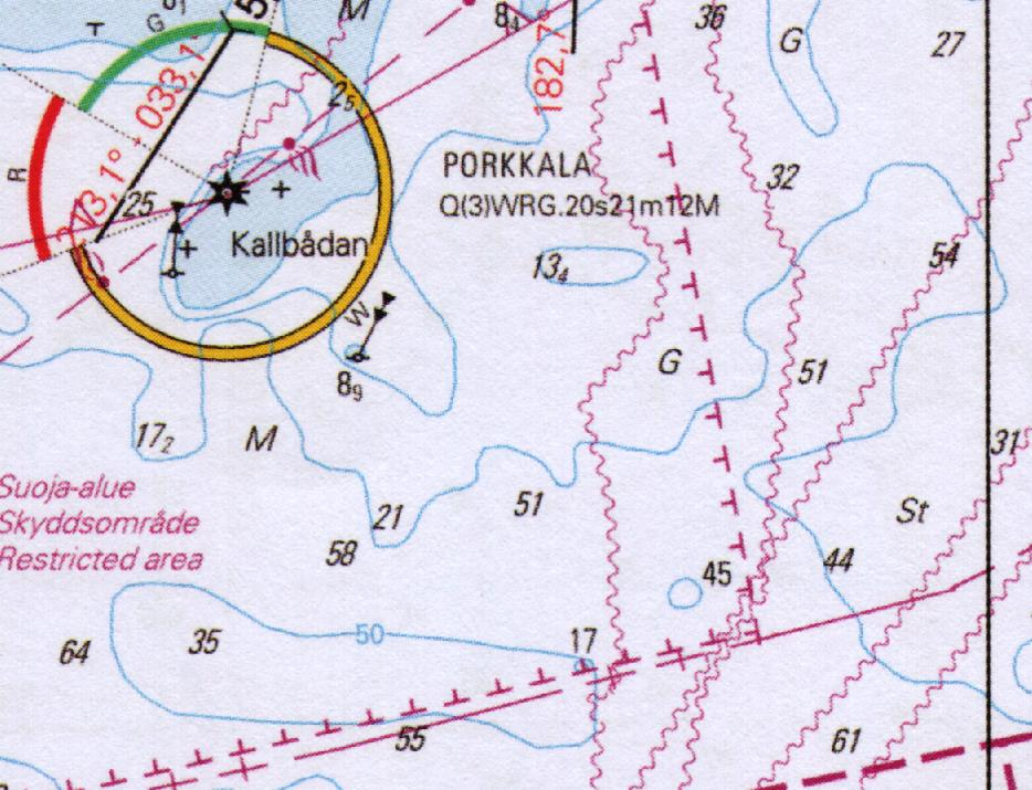 3. Merkintäpaikkasi on 59 50,5 N 024 28,0 E. Merimajakka Porkkala suunnitaan keulakulmassa 45 oikealla kello 12.50 ja suoraan sivulla oikealla kello 13.20.