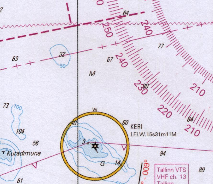 5. Merkintäpaikkasi on 59 43,5 N 024 54,0 E. Ohjaat kompassisuuntaan 060 nopeuden ollessa 10 solmua. Kello 18.05 suunnit pääkompassilla merimajakan Keri kompassisuuntimassa 125 ja kello 18.