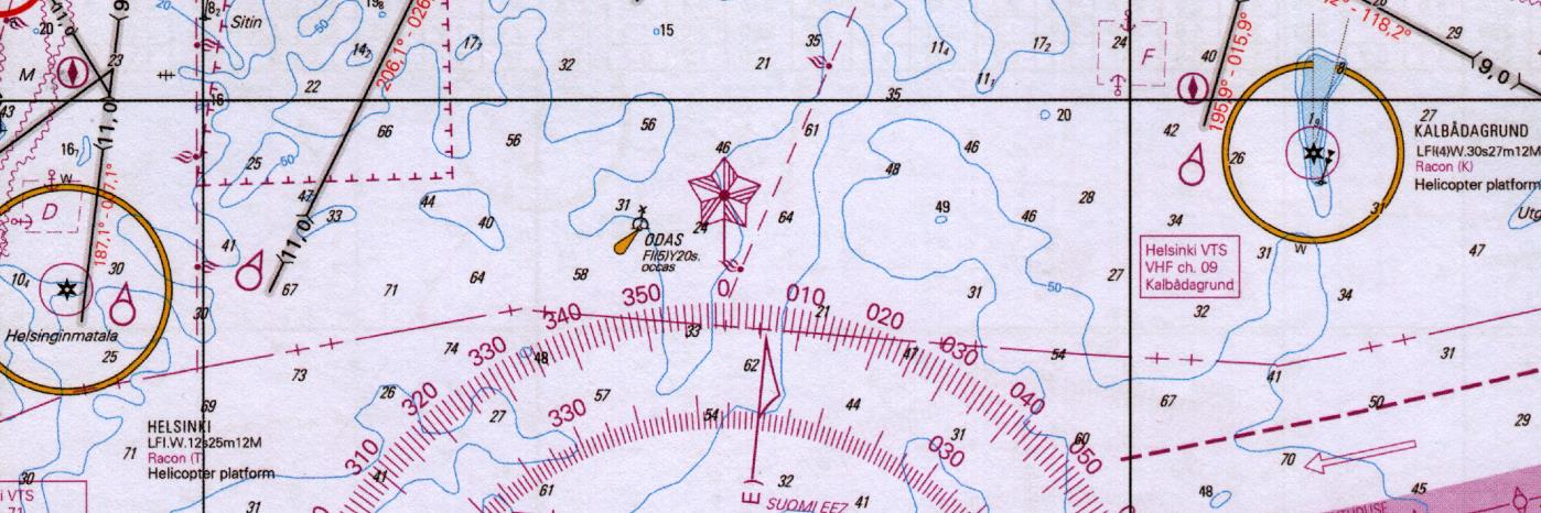 b) Jatkat havaitusta paikasta kompassisuuntaan 270. Kun olet ajanut 55 min kyseistä suuntaa, suunnit merimajakan Helsinki keulasuuntimassa 318.