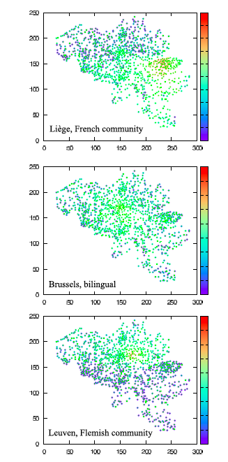 Sosiaalisten verkostojen maantieteellinen ulottuvuus Data: belgialainen matkapuhelinoperaattori, puhelutiedot R. Lambiotte et al, Physica A 387, 5317 (2008)!