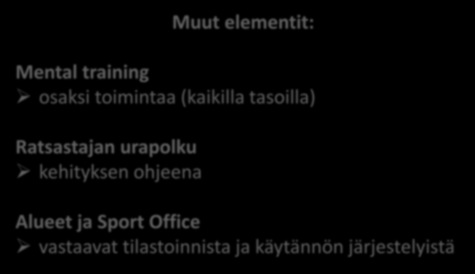 Muut elementit: Mental training osaksi toimintaa (kaikilla tasoilla) Ratsastajan urapolku