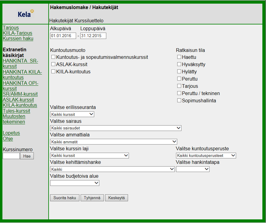 5 2 Kuntoutuskurssijärjestelmän kurssit 2.1 Hakutekijät Kurssien hakeminen aloitetaan navigointipalkissa olevilla toiminnoilla.