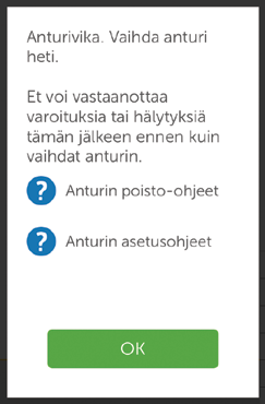 Anturin käyttöjakson aikaisen lopettamisen kehotteet Järjestelmäkehotteet Laite Mitä näet