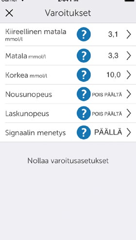 (jatkoa edelliseltä sivulta) Varoituksen muuttaminen 3 Napauta korkea mmol/l.