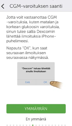 (jatkoa edelliseltä sivulta) Sovelluksen hälytysten/varoitusten ja perusasetusten asettaminen 7 Aseta Korkean glukoosin varoitus. Oletusarvo on 11,1 mmol/l. Selaa ja valitse toinen arvo.