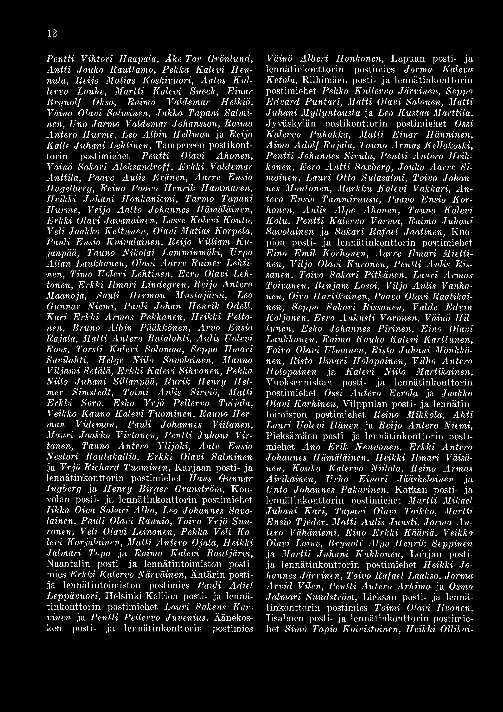 Olavi Ahonen, Väinö Sakari Aleksandroff, Erkki Valdemar Anttila, Paavo Aulis Eränen, Aarre Ensio Hagelberg, Reino Paavo Henrik Hammar en, Heikki Juhani Honkaniemi, Tarmo Tapani Hurme, Veijo Aatto