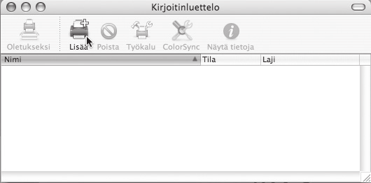 Tämä päättää ohjelman asennuksen. Konfiguroi seuraavaksi tulostinohjaimen asetukset. 11 12 Valitse [Siirry]-valikosta [Lisäohjelmat]. Jos käyttöjärjestelmäsi on Mac OS X 10.5 / 10.6 / 10.7 / 10.