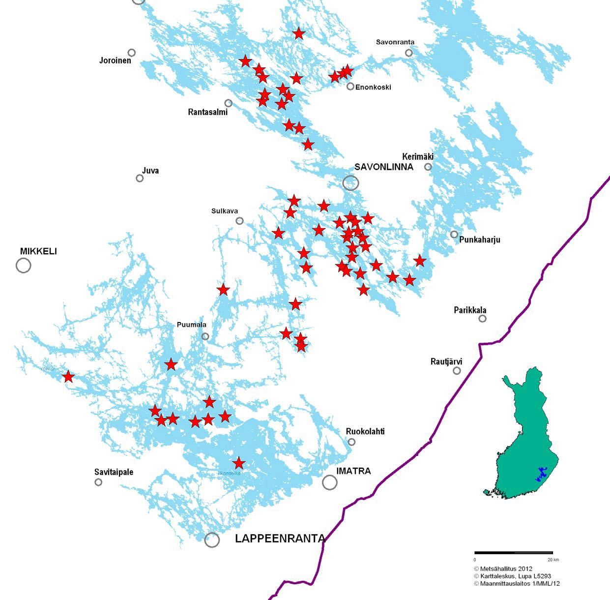 Saimaannorpan pesä- ja poikaslaskennoissa havaitut poikaset vuonna 2012 (Metsähallitus 2.5.