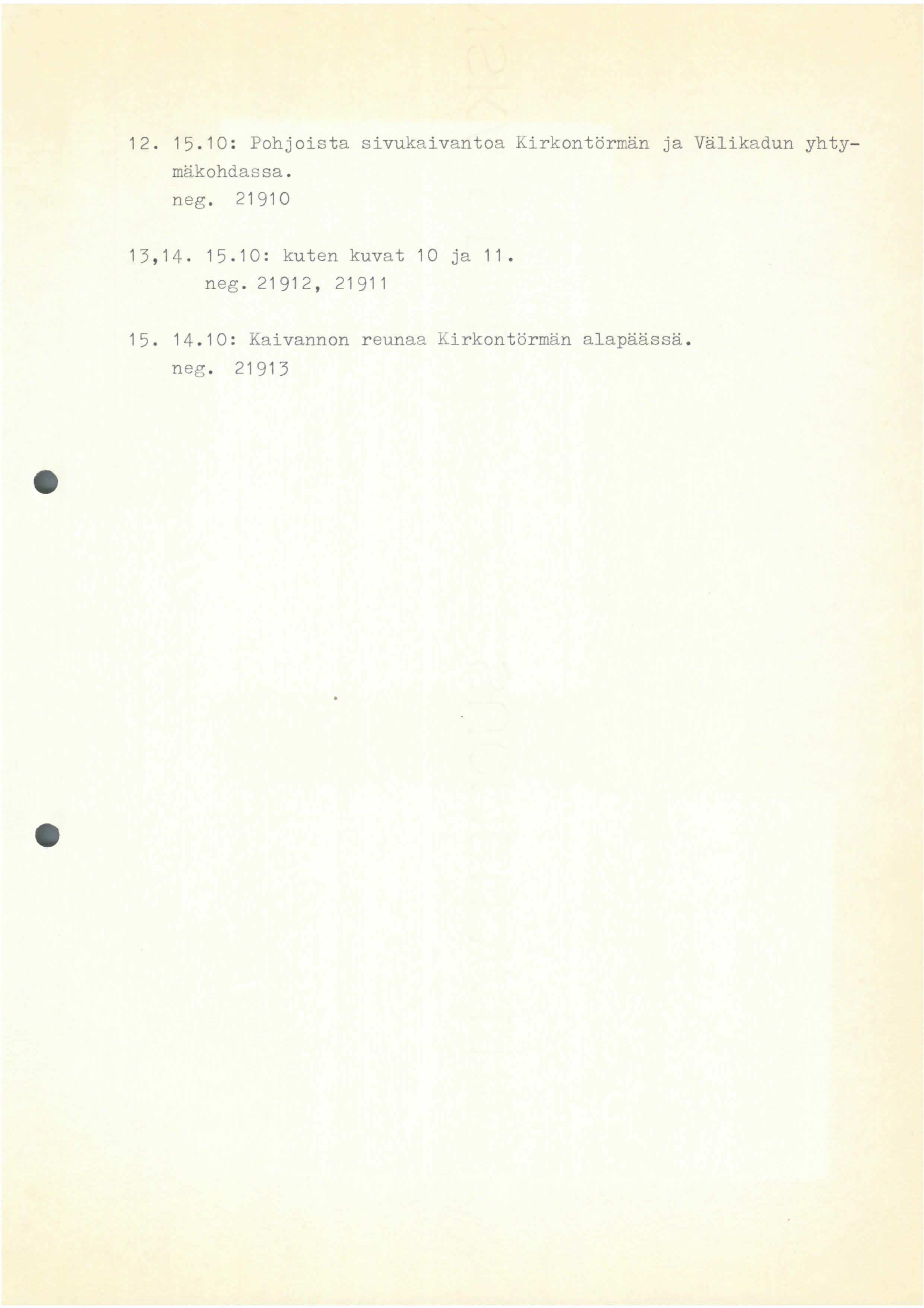12. 15. 10 : Pohjoista sivukaivantoa Kirkontörmän ja Välikadun yhtymäkohdas sa. neg. 21910 1 3, 1 4. 1 5.
