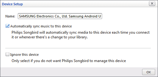 Songbirdin asentaminen tietokoneeseen Jos yhdistät laitteen Philips Songbird -sovellukseen ensimmäistä kertaa, ponnahdusikkuna ilmestyy näyttöön. Valitse automaattinen synkronointi.