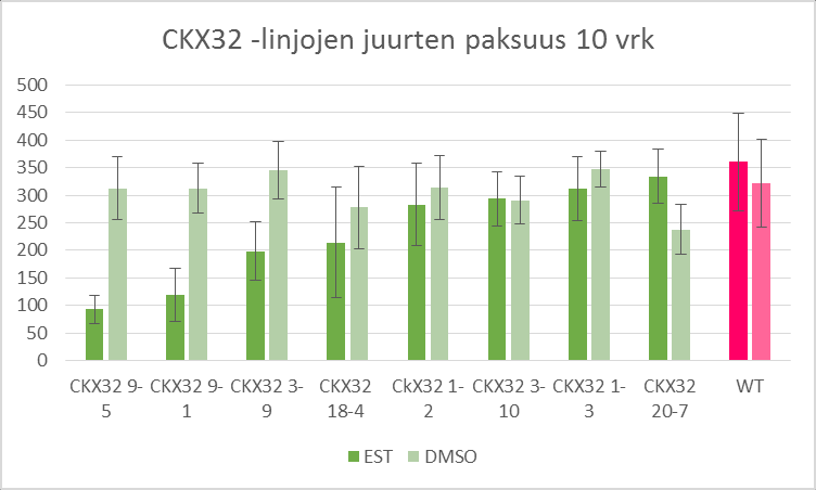 Linjoissa CKX32 3-9 (p=0,000), CKX32 9-1 (p=0,000) ja CKX32 9-5 (p=0,000) estradioli on saanut aikaan insertoidun geenin ekspression ja täten erittäin merkitseviä muutoksia DMSO- ja